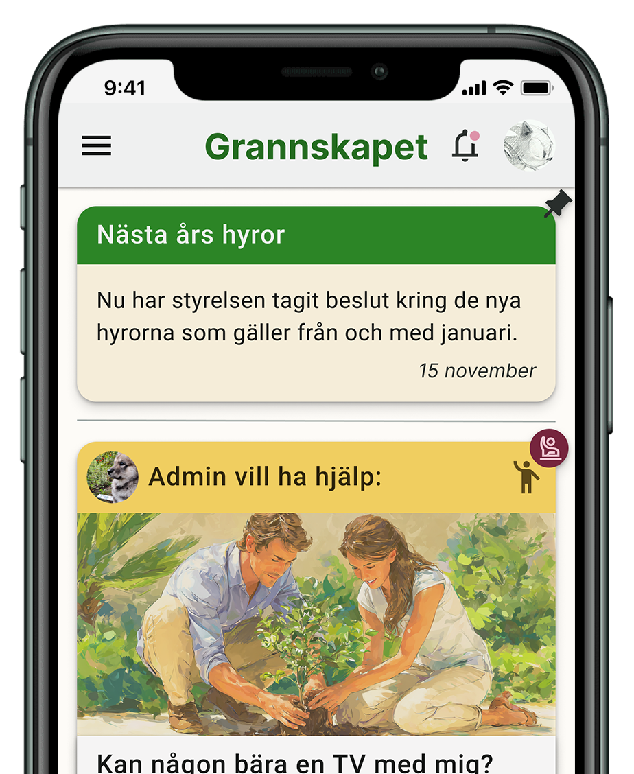 Grannsam-appen i en mobil, med anslagstavla och grannskap