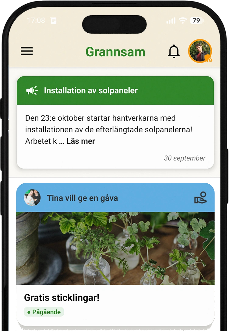 Grannsam-appen i en mobil, med anslagstavla och grannskap